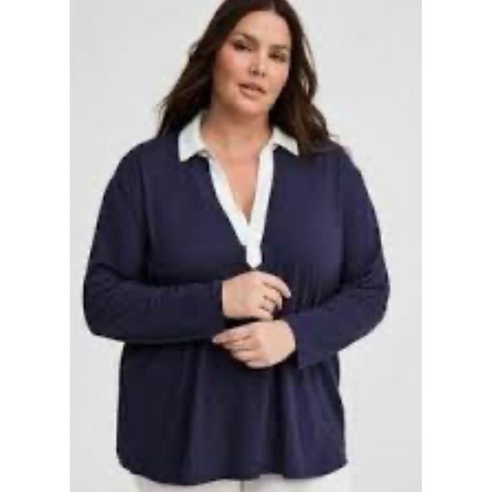 NWT Torrid Heritage Jersey Collared Long‎ Sleeve Tee Navy 1X